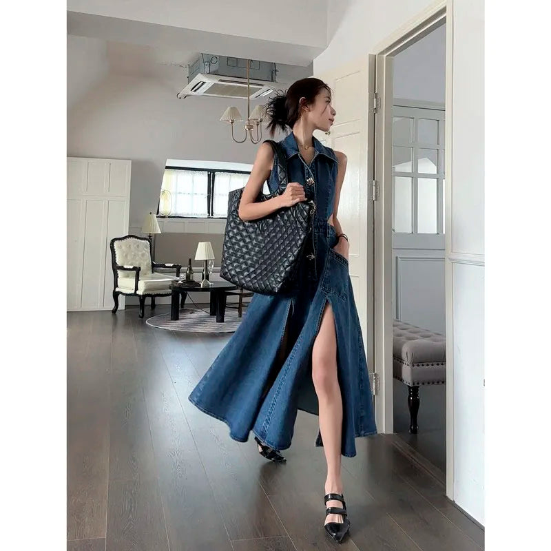 vmtvr Retro Denim Dress Women's Summer New Shirt Collar Hollow Split Waist Long Skirt Sleeveless One-piece Sexy Denim Dresses
