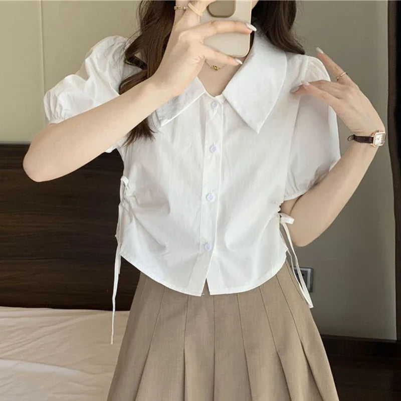 vmtvr Women White Shirts Summer Casual Lace Up Shirring Female Short Sleeve Tops Korean All Match Cropped Puff Sleeve Blouse