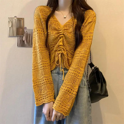 vmtvr Korean Simple Hollow Out Drawstring Knit Sweaters Women Spring Summer Solid V-Neck Lace Up Sweet and Spicy Sexy Design Short Top