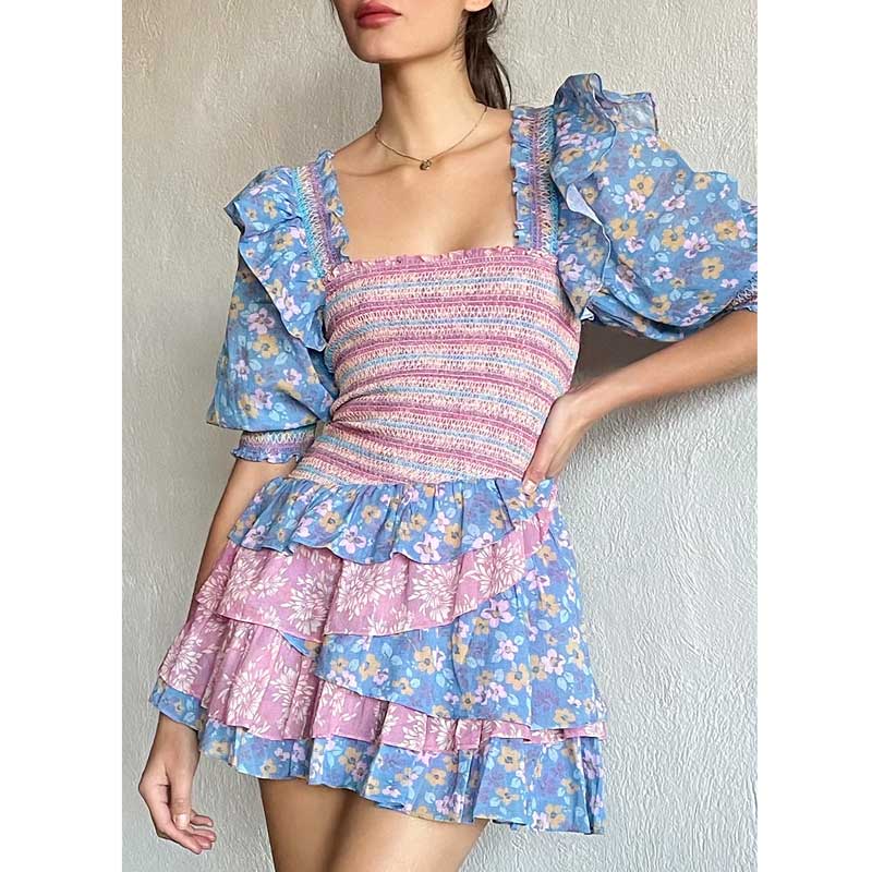 vmtvr mixed floral prints ruffled party dress puff sleeve square neck smocked sexy laides dress mini chic summer dress