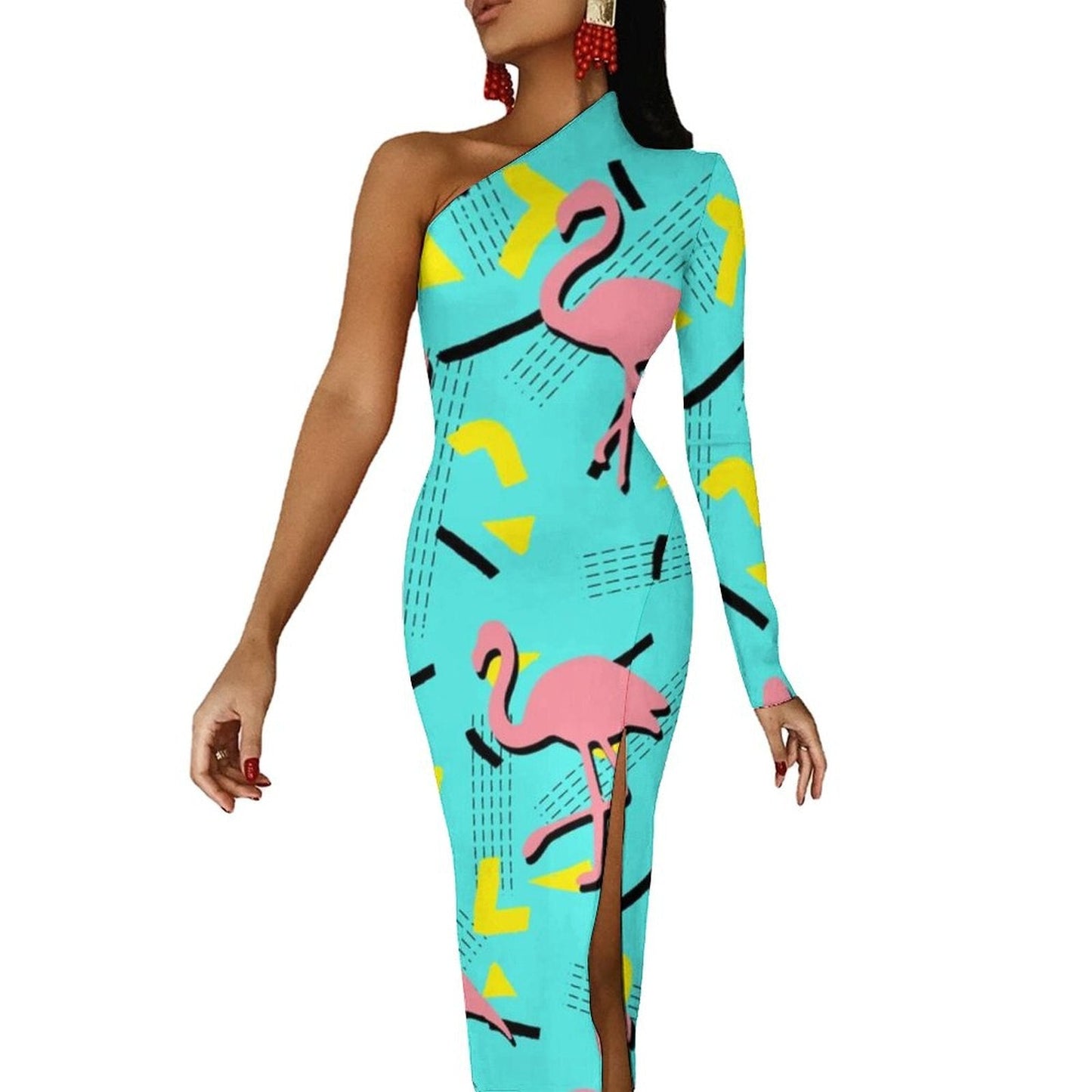 Memphis Retro Maxi Dress Long Sleeve Geometric Colorful Cute Bodycon Dress High Slit Streetwear Long Dresses Print Vestido