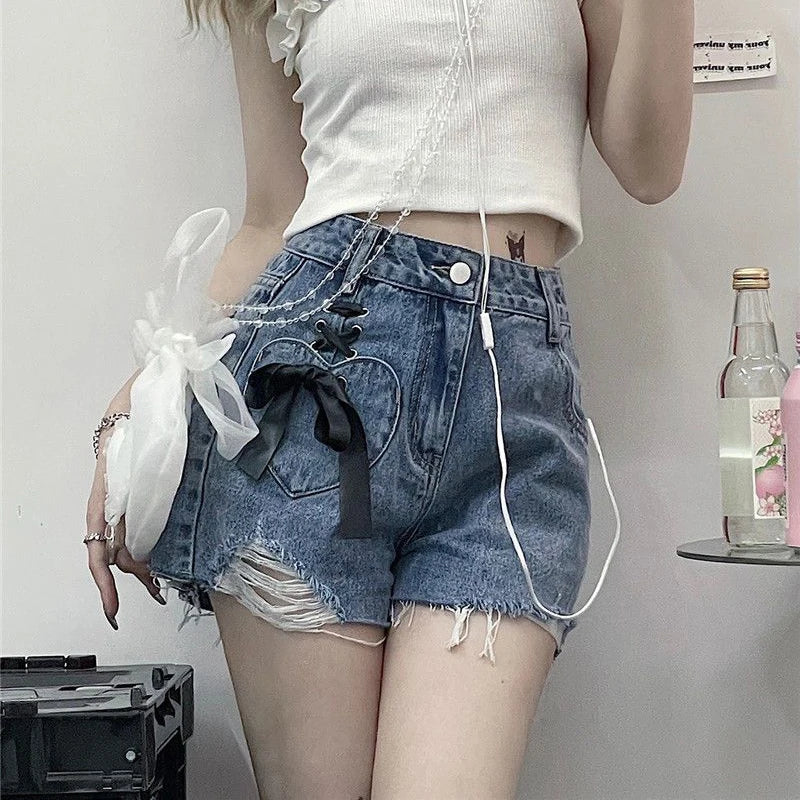 vmtvr High Waist Women Denim Shorts Summer Fashion Bow Loose Shorts Korean Casual Female Streetwear All Match Ripped Pants