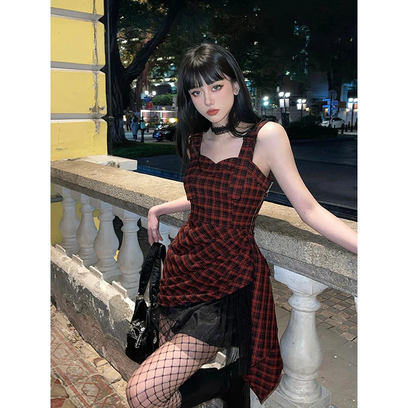 vmtvr  -  Women's A-line Red Plaid Evening Dress Elegant Off Shoulder Sleeveless Dress Vintage 90s Y2k One Piece Frocks Emo 2000s Clothes