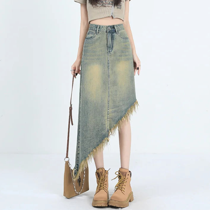 vmtvr Tassel Raw Edge Women Midi Denim Skirt Spring Summer Korean Streetwear Fashion Irregular Distressed Straight A-line Skirt Shorts