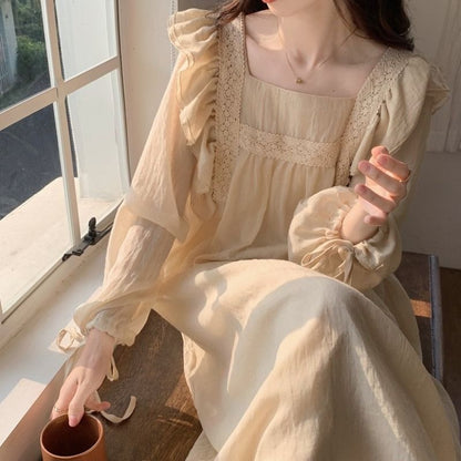 Sweet Solid Color Spliced Folds Bandage Bow Ruffles Midi Dress Female Clothing  Autumn New Loose Office Lady Princess Dress