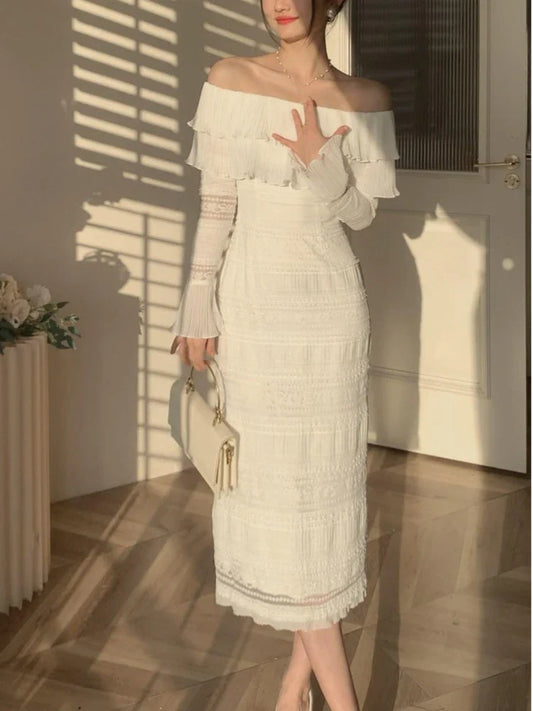 vmtvr White Elegant Vintage Midi Dress Women Ruffles Sexy Beach Party Bodycon Dress Female Silm One Piece Dress Korean Summer Y2k