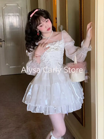 Japanese Sweet Fairy Lolita Dress Women White Mesh Elegant Princess Dress Female Bow Casual Evening Party Dress Summer 2024 Slim