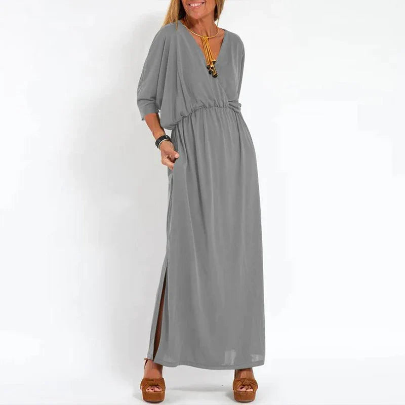 vmtvr Spring Summer Lady Casual Long Dress Sexy V-neck Side Split Solid Party Dress Elegant Half Sleeve Elastic Waist Pleat Maxi Dress