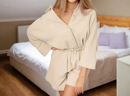 vmtvr Summer Homewear Shorts Sets Women Lapel Long Sleeve 2 Pieces Outfit Summer Elastic Waist Straight Shorts Women Suit