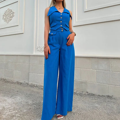 vmtvr Ladies Turn-down Collar Button Top and Wide Leg Pants Set Fashion Elegant Commuting Slim Suit New Summer Streetwear Solid Outfit
