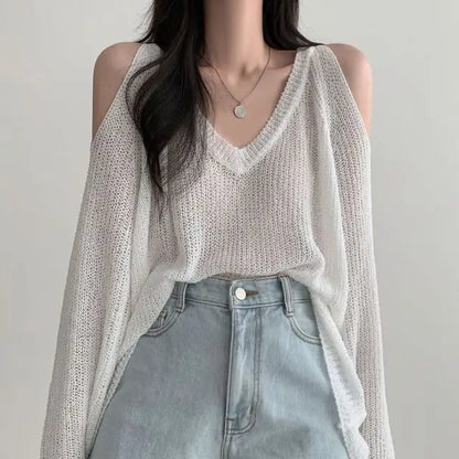 vmtvr Spring Summer Autumn Fashion Casual Solid Hollow Out Pullover Women's Soft Slim Tees Knitted Gentle Sexy Loose Sweater Top