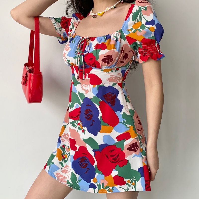 Y2k Floral Print Mini Dress Women Square Collar Puff Sleeve Summmer Skinny Slim Party High Waist Vintage Dresses 2023