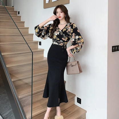 vmtvr New French Vintage Floral Dress for Women Long Sleeve Two Piece V-Neck Trumpet New Autumn Winter Fashion Dress Sets