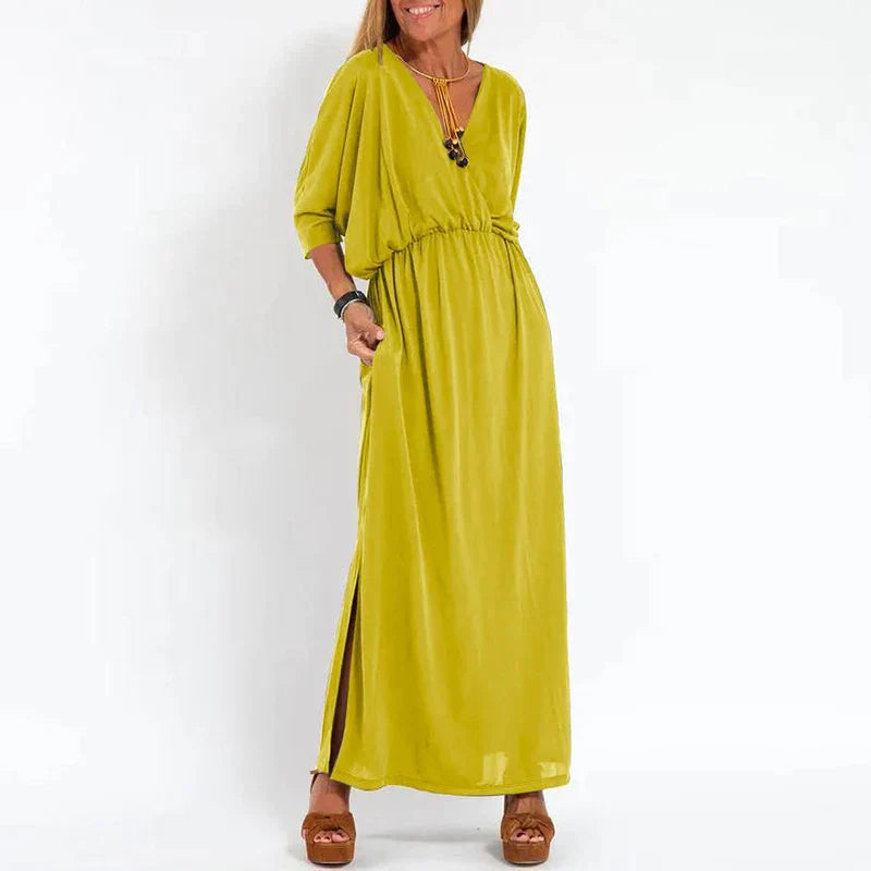 vmtvr Spring Summer Lady Casual Long Dress Sexy V-neck Side Split Solid Party Dress Elegant Half Sleeve Elastic Waist Pleat Maxi Dress