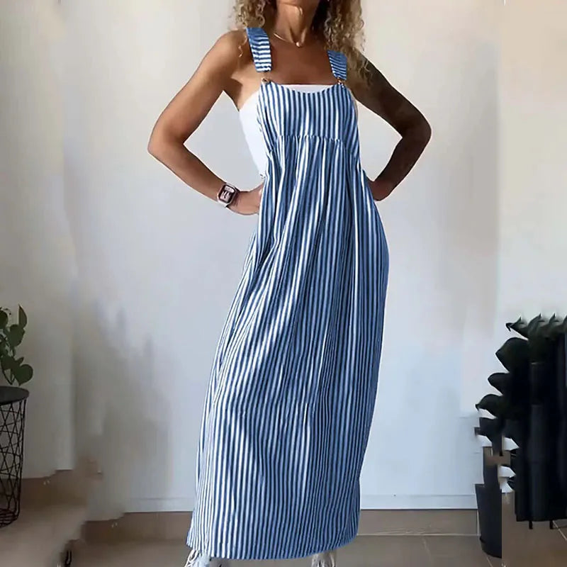 vmtvr Vintage Striped Print Sleeveelss Suspender Dress Summer Casual Pocket Loose Party Dress 2024 Women Sexy U-neck Pleat Long Dress