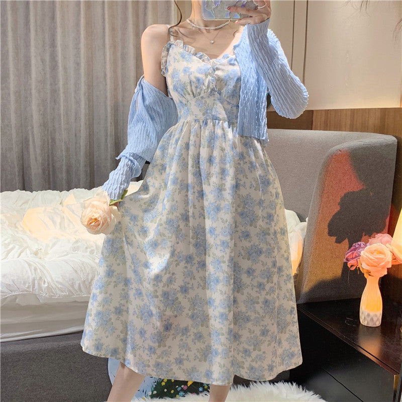 - French Floral Strap Midi Dress Women Vintage Elegant 2 Piece Dress Set Fashion Suits Casual Blouse Korean Clothing  Summer