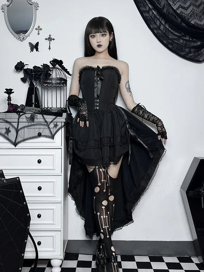 vmtvr  -  Gothic Dark Halloween Black Dress Womem Palace Styel Lace Patchwork High Waist Corset Dress Nightclub Cosplay Partywear