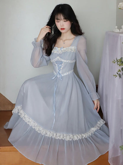 vmtvr -  Summer French Elegant Lace Midi Dress Woman Long Slevee Korean Fashion Dress Casual Party Pure Color Vintage Dress Female