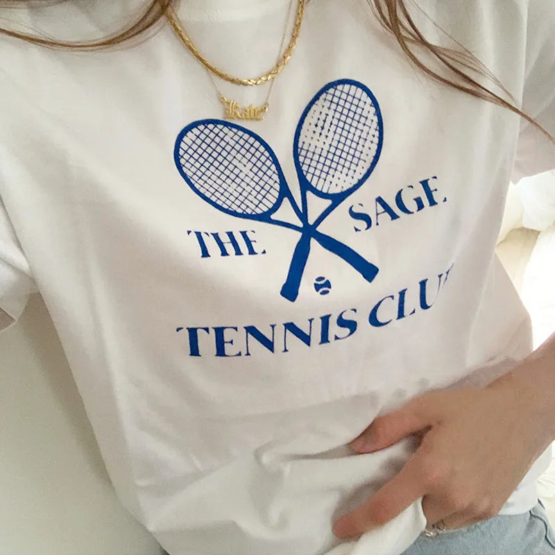 -Retro sports style outfit streetwear 90s fashion The Sage Tennis Club American Vintage Style White Shirts For Women Short Sleeve Loose Cotton Summer Tops Ins Fashion Tees