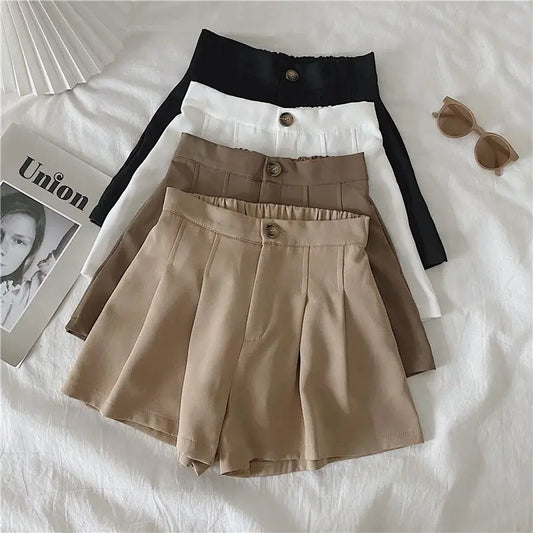 vmtvr Summer Women Pleated Shorts Fashion Korean High Waist Wide Leg Pants All Match Female Button Loose Casual Shorts New