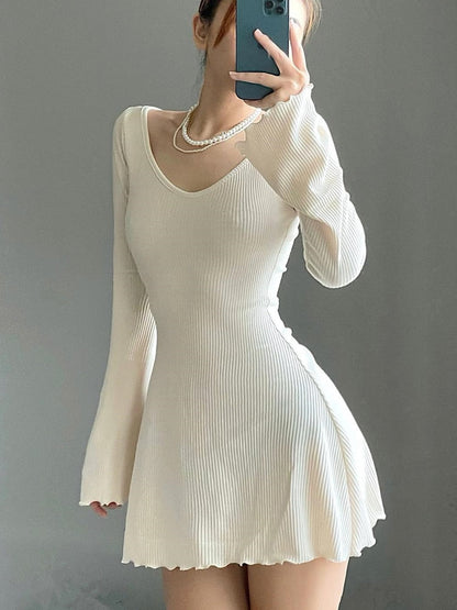 vmtvr - Casual Frill Long Sleeve Black Female Dress Slim Spring Autumn Mini Dresses Basic Fashion Elegant Outfits Korean Chic