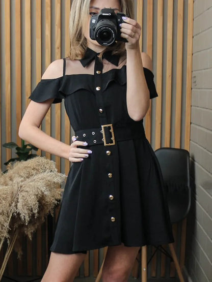 vmtvr  -  Korean OL New Single Breasted Women Summer Dress Sweet Chic Black office work Short mini Dresses With Belt Vestidos jurken