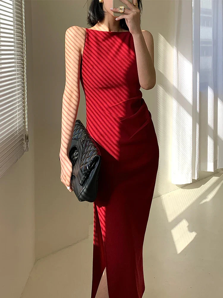 vmtvr New Women Summer Spaghetti Strap Midi Dress Casual Office Ladies Sleeveless Sexy Split Elegant Party Dresses Female Prom Dress