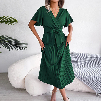 vmtvr Elegant Deep V-neck Short Sleeve Party Dress 2024 Summer Casual Solid Color Maxi Dress Women Fashion Pleated Long Dress Vestidos