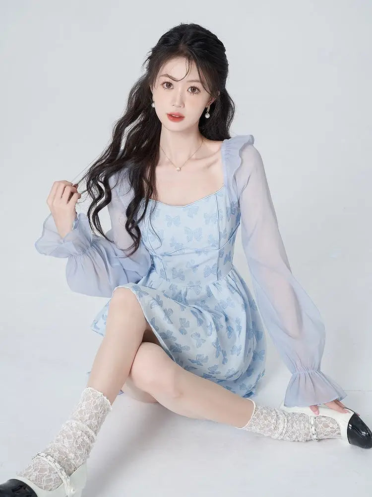 vmtvr Casual Sweet Fairy Dress Women Summer Ruffles Chiffon Elegant Korean Style Mini Dress Female Blue Empire Beach Party Dress