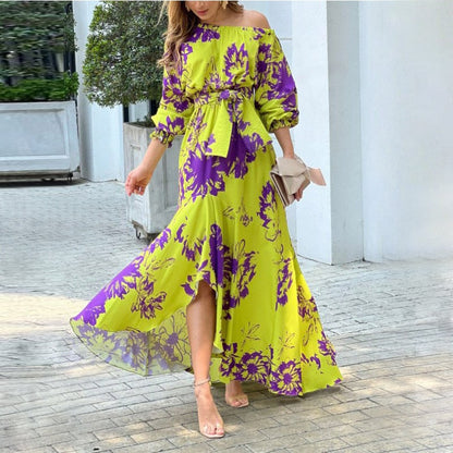 Women Maxi Dress Fashion Slanted Shoulder Long Sleeve Print Lace Up Beach Party Long Skirt Dresses High Streetwear