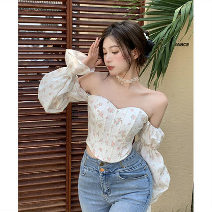 -  New Sweet Slash Neck Sexy Off Shoulder Blusas Mujer Korean Puff Long Sleeve Corset Autumn Print Elegant Shirts