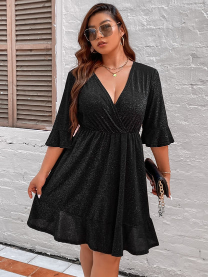 Plus Size 4XL Glitter Midi Dress for Chubby Women Autumn Half Sleeve V Neck Red Clothing  Elegant Large Evening Party Dresses