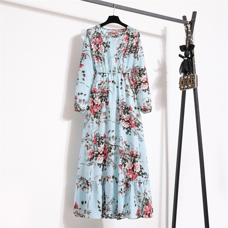 Women Maxi Dresses Spring Summer Casual Solid Full Sleeve Floral Printed O-neck Woman Bohe Beach Party Long Dress Mujer Vestidos