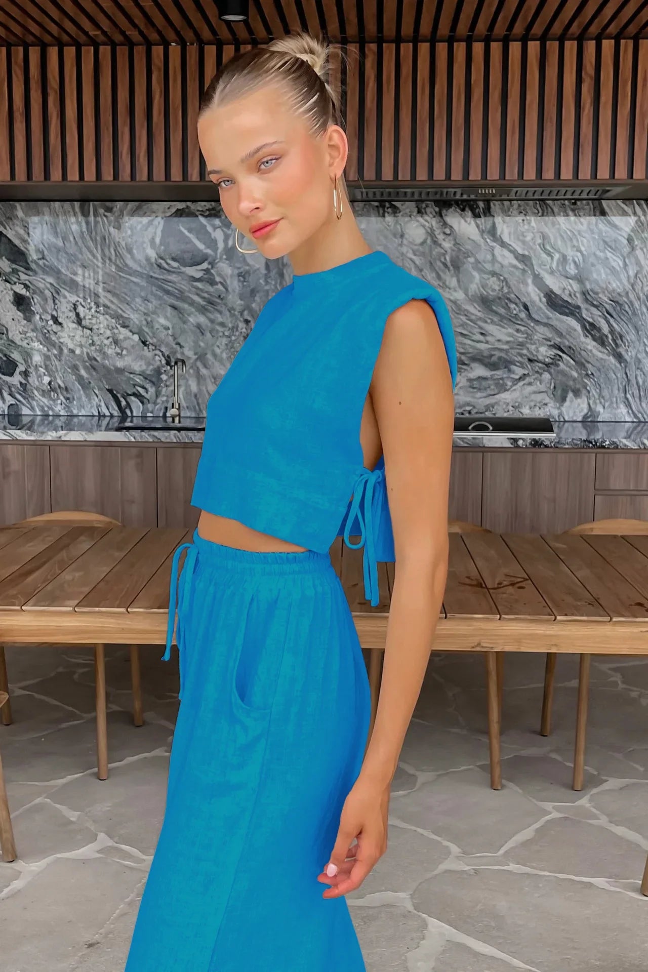 vmtvr Women's Cotton Linen Pants Set Summer Women's Loose Shoulder Pads Side Slit Sleeveless Top Casual Pleated Wide Leg Pants Suit