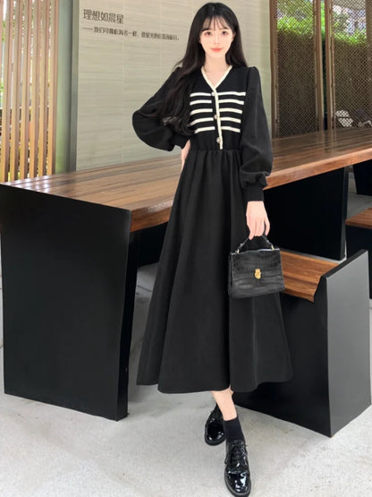 vmtvr  -  Autumn and Winter Korean New Version of the Fashion V-neck Large Size Midi Fake Two-piece Knitted Splicing Loose Skinny Dresses