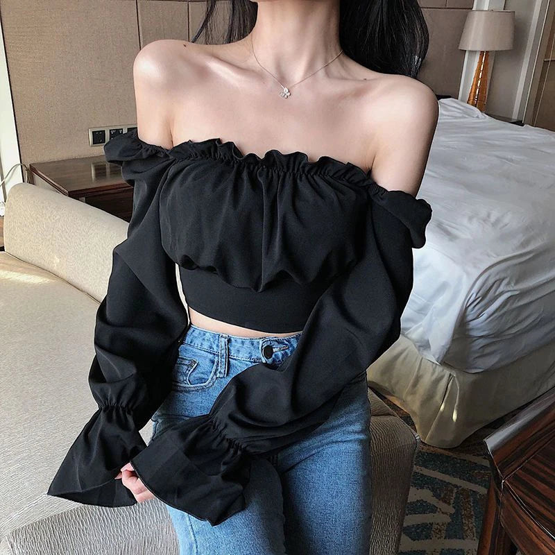 vmtvr Sexy Cropped Chiffon Shirts Women Summer Fashion Folds Female Lantern Sleeve Tops Y2K Korean Casual All Match White Blouse