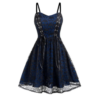 vmtvr  -  Women's Sleeveless Punk Dress Camisole Skull Print Lace Swing Dress Halloween Spaghetti Strap Steampunk Dress Goth Clothes