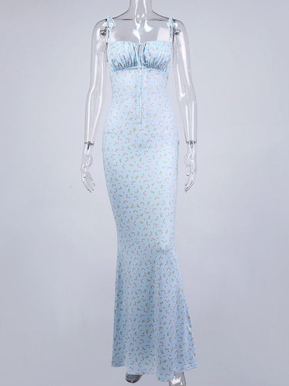 vmtvr Floral Print Cottagecore Elegant Sleeveless Maxi Sundress Sexy Backless Women Party Club Tie Front Dress Holiday