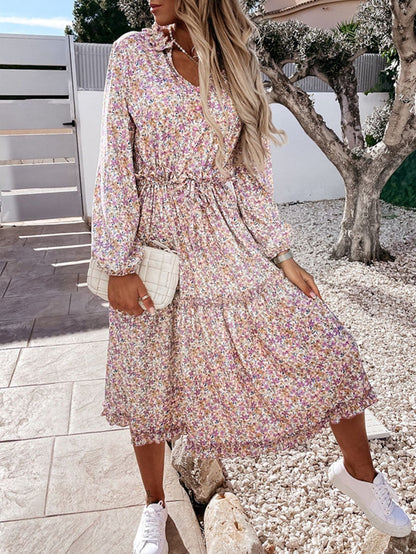 Spring Fashion Women Dress Floral Print Casual Beach V-Neck Elegant Long Sleeve Shirt Dresses Midi Vestido De Mujer Clothes