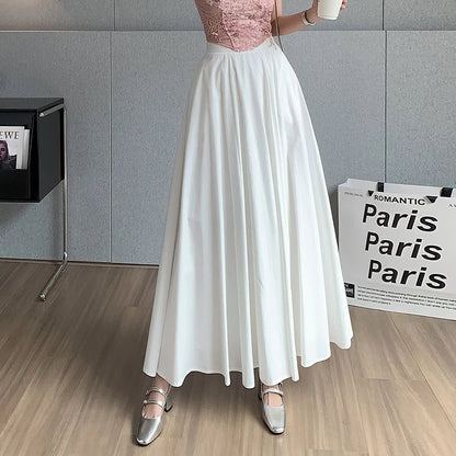vmtvr Elegant Women Pleated White Pockets Long Skirts Office Ladies Casual Loose High Waist Midi Skirt 2024 Spring Summer