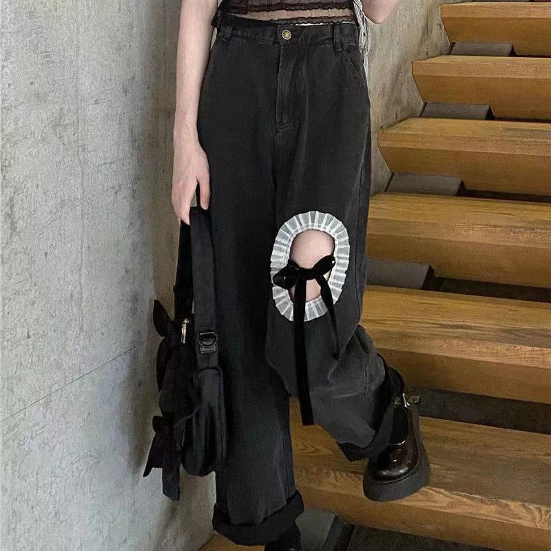 vmtvr Y2K Women Ripped Jeans Korean Bow Tie Bandage Loose Wide Leg Pants Summer Fashion Female All Match Student Denim Trousers