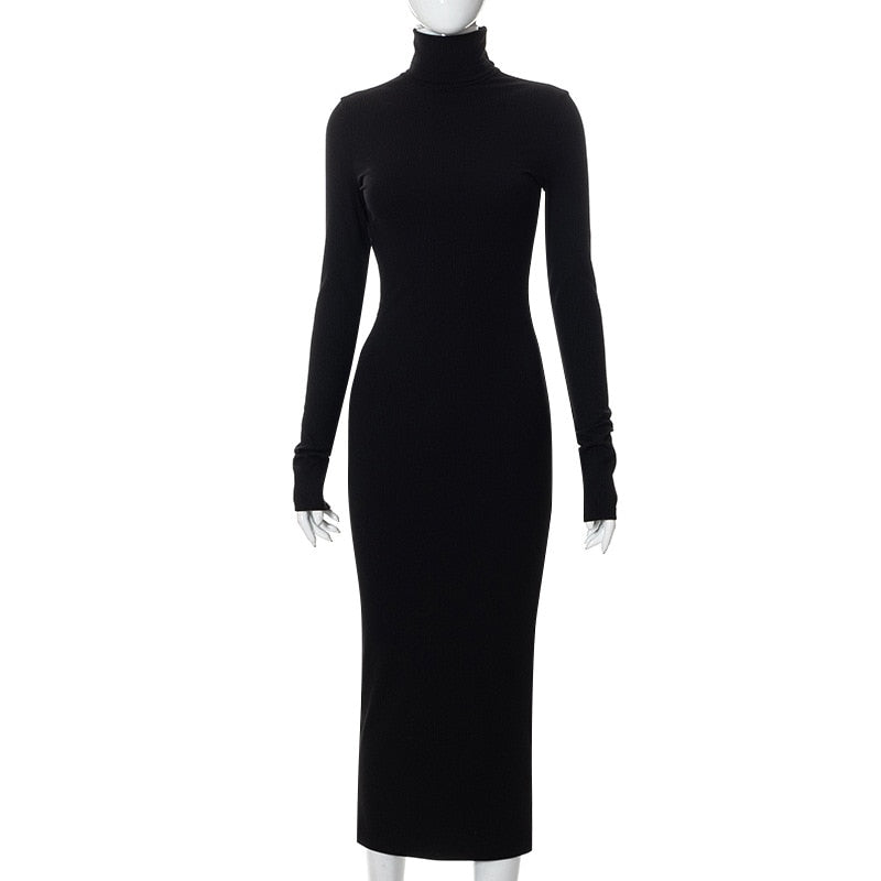 Long Sleeve Knitted High Collar Bodycon Maxi Dress Women  Autumn Winter Elegant Party Evening Sexy Night Office Long Dresses