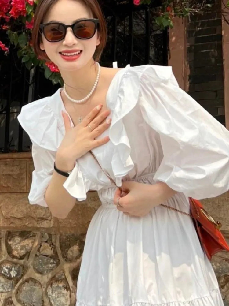 vmtvr Woman Backless White Casual Dresses Summer Chic Ruffles A-line Beach Vestidos Korean One-piece Short Sleeve Clothing