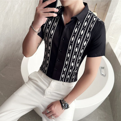 Plus Size 6XL-M Summer New Men Clothing Casual Men Stripes Printed Short Sleeve Shirt Fashion Slim Fit Social Party Dress Shirts