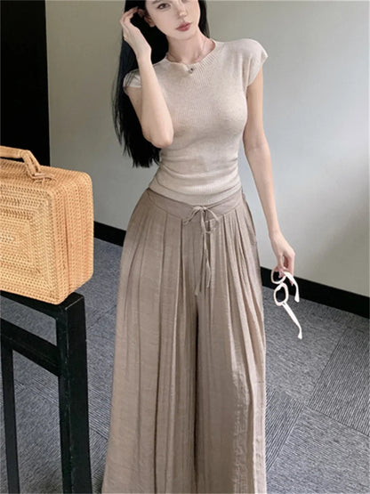 vmtvr Elegant Knitted Skinny T-Shirts Women Chic Slim Short Sleeve Casual Mopping Pants Sets Summer Work Wear Gentle Suits