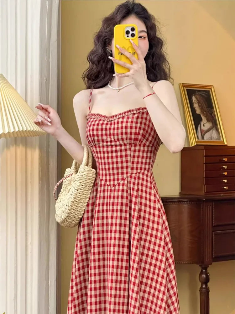 vmtvr Elegant Plaid Midi Dress Women French Vintage Spaghetti Strap A-line Spring Summer Holiday Beach Style Prom Robe Vestidos Mujer