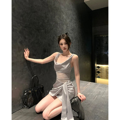 vmtvr  -  Fashion Mini Woman Dress Sexy Temperament Robe Femme Vestidos De Mujer Slim Waist Bandage Pleated Summer Bodycon Dresses