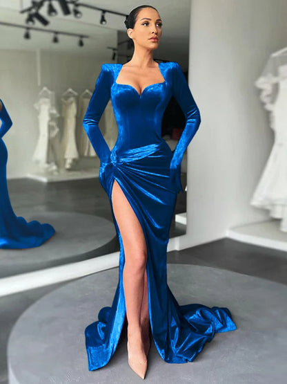 vmtvr  - Elegant Gown Long Dress Evening Club Outfits for Women Gloves Sleeve Velvet Sexy Slit Maxi Dresses Ruched Dresses