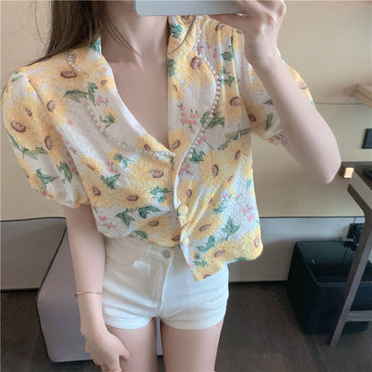 Blouse Women Summer  New French Style Short Sleeve High Waist V-Neck Blusas Womens Tops And Blouses