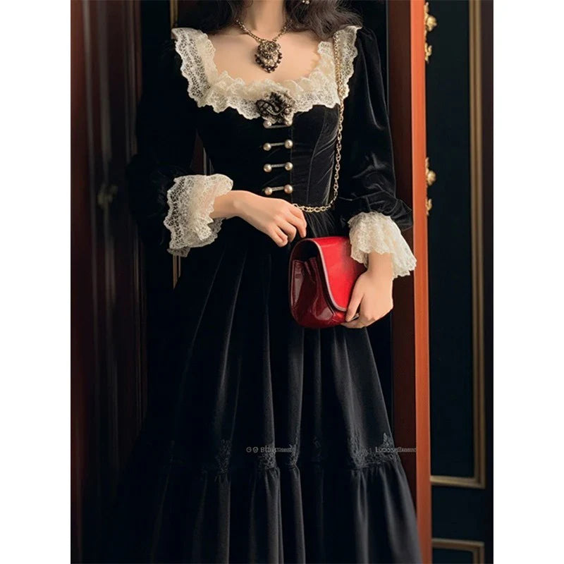 vmtvr  - Elegant Women Dress Black Vintage Velvet Long Sleeve Gothic French Style Office Ladies Y2K Casual Evening Party Dresses 2023